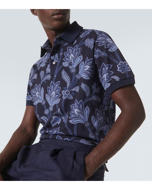 Etro Blue Printed Cotton Pique Polo Shirt for men