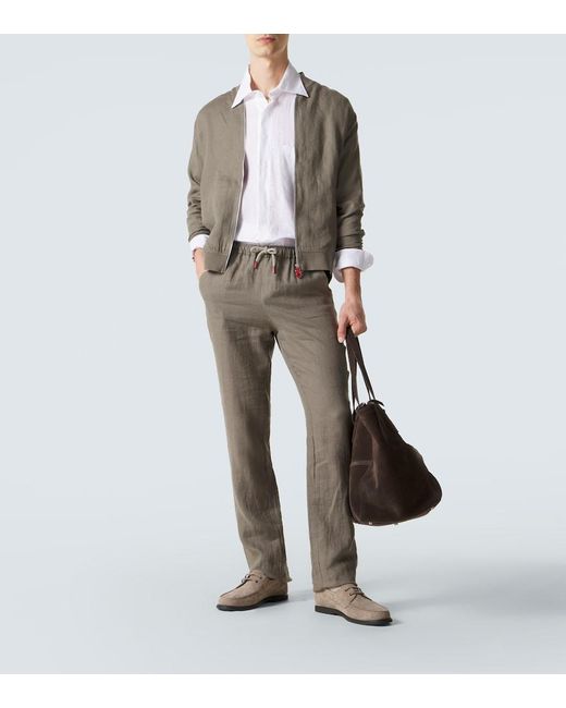 Kiton Gray Linen Slim Pants for men