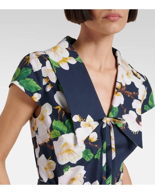 Oscar de la Renta Blue Floral Pleated Cotton-Blend Midi Dress