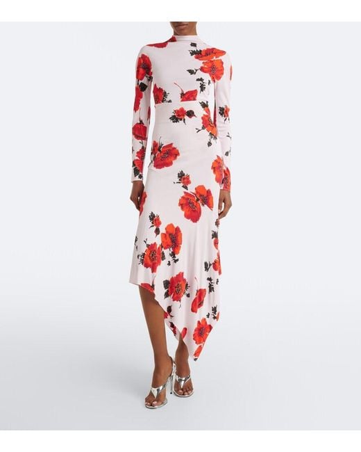Alaïa Red Floral Asymmetric Jersey Midi Skirt