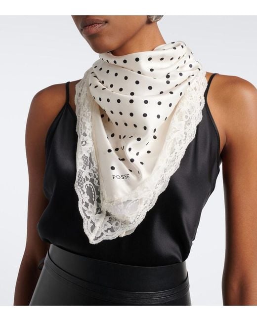 Posse White Junia Polka-Dot Lace-Trimmed Silk Scarf