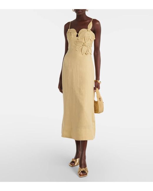 Farm Rio Natural Sand Floral-Applique Linen Midi Dress