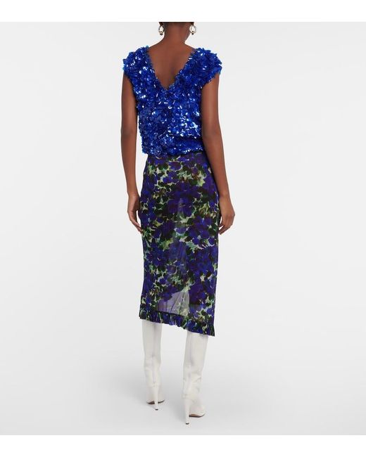Dries Van Noten Blue Floral Ruffle-Trimmed Satin Midi Skirt