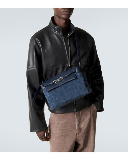 Bottega Veneta Blue Andiamo Intrecciato Small Suede Messenger Bag for men