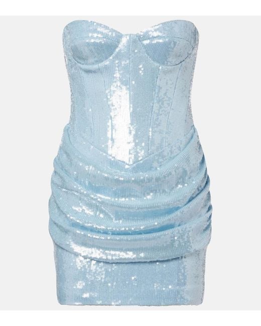 The New Arrivals Ilkyaz Ozel Blue Pamela Sequined Draped Strapless Minidress