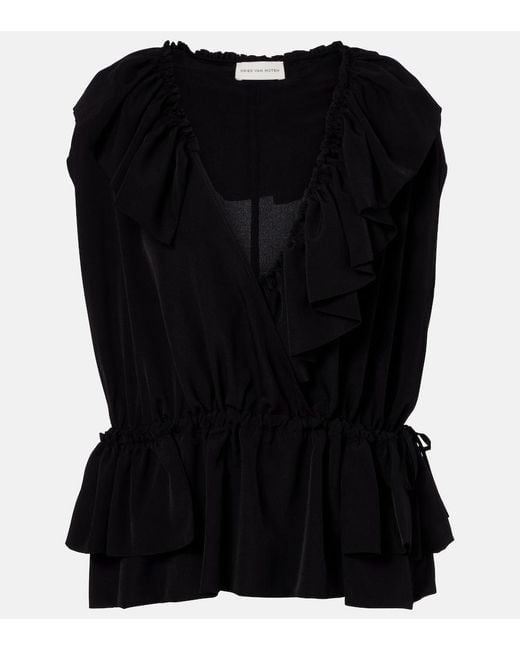Dries Van Noten Black Ruffled Jersey Top