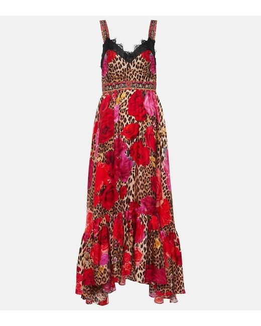 CAMILLA Leopard-Print Floral Silk Midi Dress in Red | Lyst