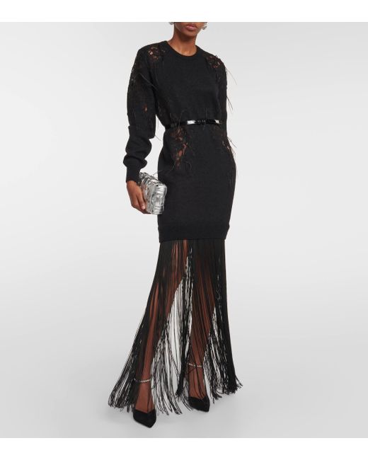 Costarellos Black Feather, Crochet And Fringe Dress