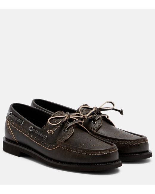 Brunello Cucinelli Black Monili Leather Boat Shoes