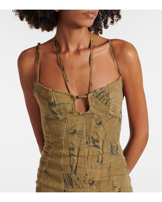Blumarine Metallic Printed Denim-Trimmed Gown