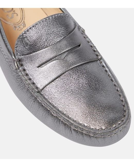 Tod's Gray Metallic Leather Moccasins