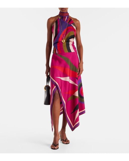 Emilio Pucci Pink Hawaii Asymmetric Silk Satin Midi Skirt