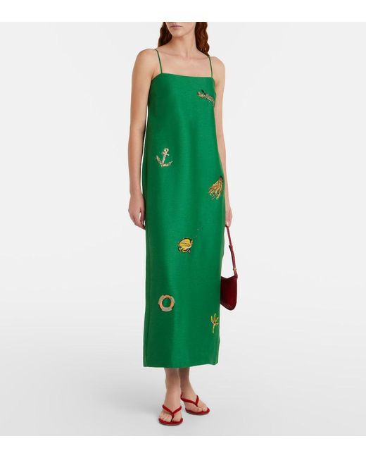 ALÉMAIS Green Embellished Printed Linen-Blend Maxi Dress