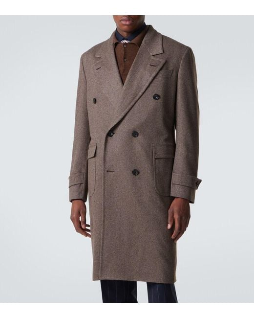 Thom Sweeney Brown Double-Breasted Wool Overcoat for men