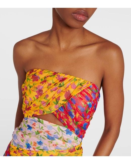 Robe Midi Bustier En Georgette À Imprimé Fleuri, Découpe Et Fronces Carolina Herrera en coloris Red