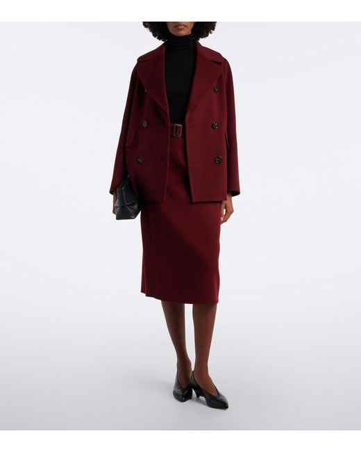 Max Mara Red Belted Virgin Wool Pencil Skirt