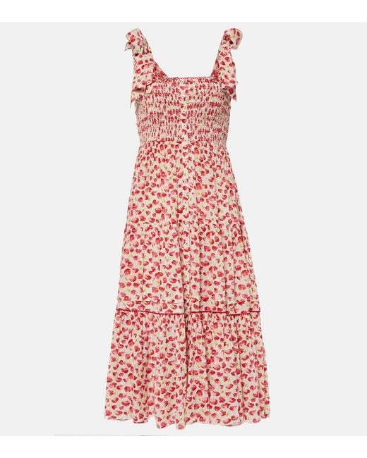 Poupette Triny Polka-Dot Shirred Midi Dress