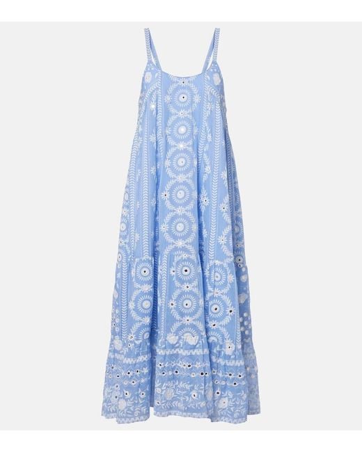 Juliet Dunn Blue Printed Sequined Cotton Midi Dress