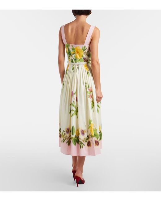 Oscar de la Renta White Belted Floral Cotton-Blend Poplin Midi Dress