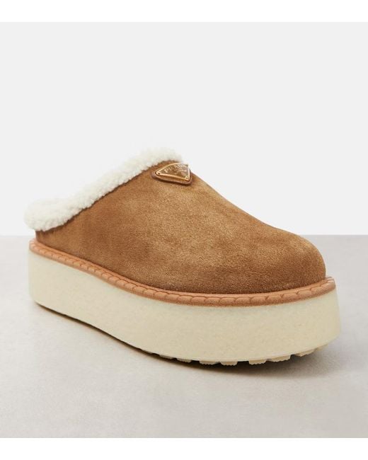 Prada Brown Evolve Shearling-Lined Suede Platform Mules