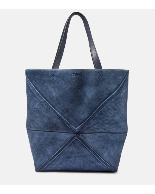 Loewe Blue Puzzle Fold Large Suede Tote Bag