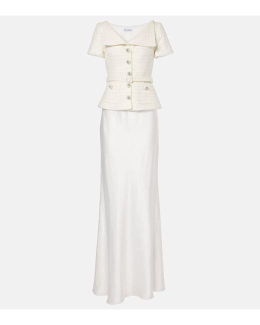Self-Portrait White Bridal Peplum Satin And Boucle Maxi Dress
