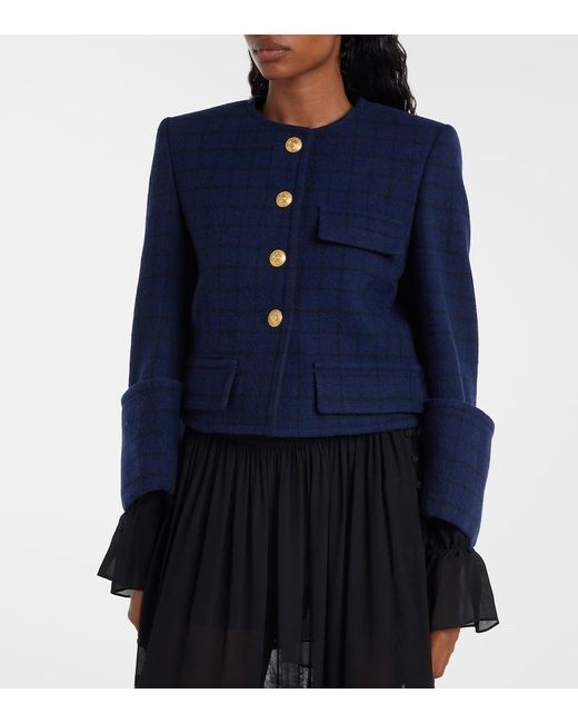 Chloé Blue Checked Cropped Wool-Blend Jacket