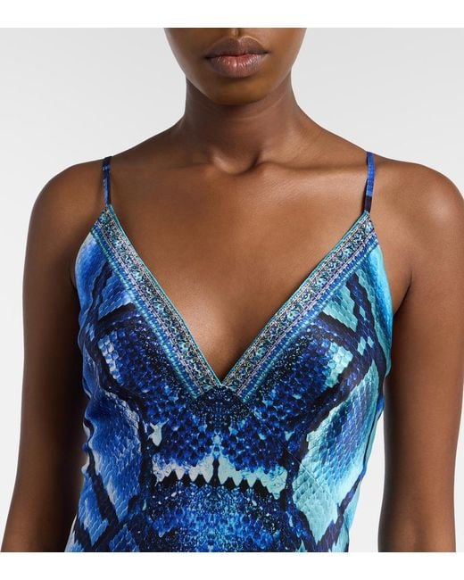 Camilla Blue Animal-Print Silk Slip Dress