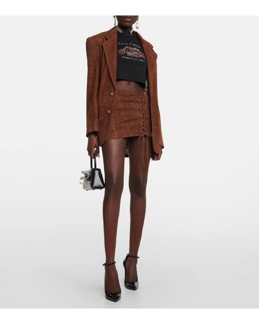 Alessandra Rich Brown Crystal-Embellished Suede Miniskirt