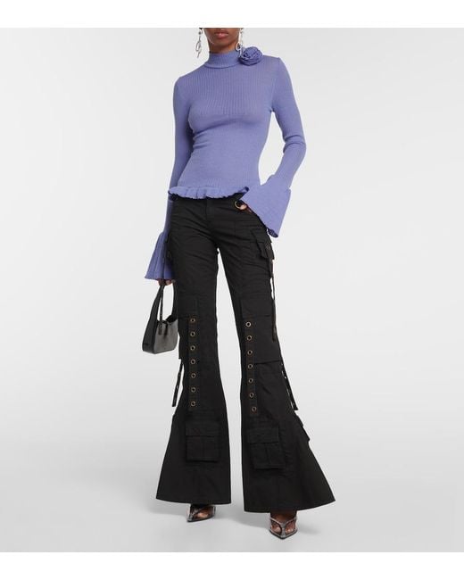 Blumarine Blue Ruffle-Trimmed Ribbed-Knit Wool Sweater