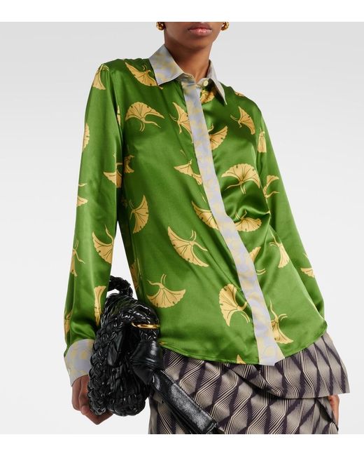 Dries Van Noten Green Printed Silk-Blend Satin Shirt