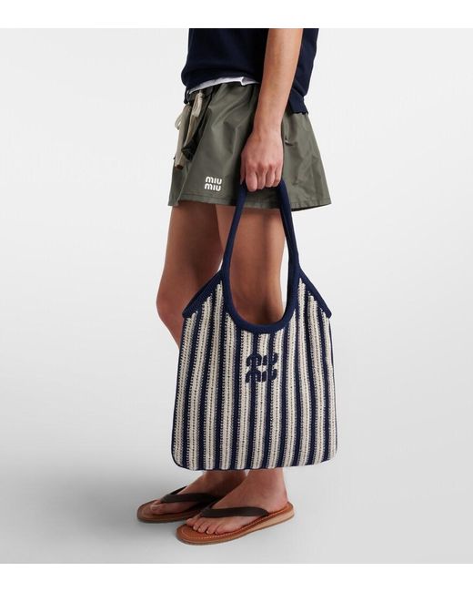 Miu Miu Black Ivy Medium Striped Crochet Shopper