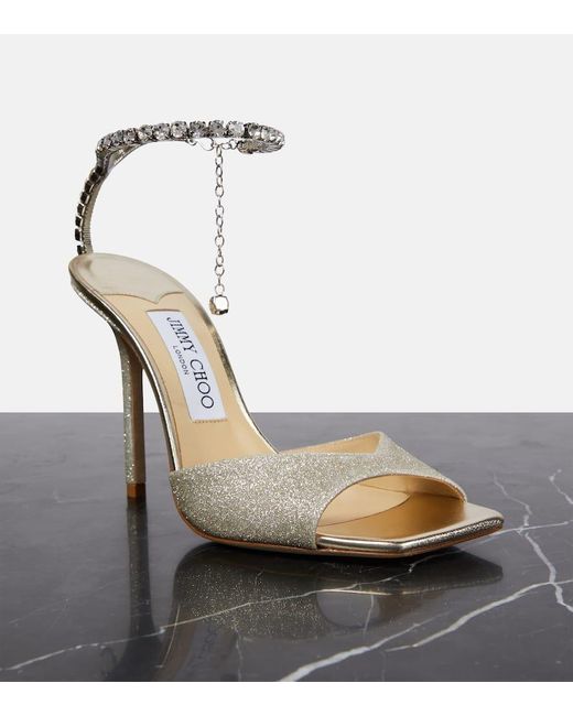 Jimmy Choo White Saeda 100 Embellished Glitter Sandals