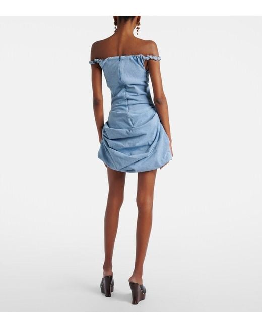 Magda Butrym Blue Gathered Off-Shoulder Denim Minidress