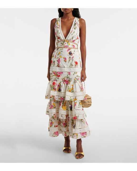 Camilla White Floral Tiered Cotton And Silk Maxi Dress