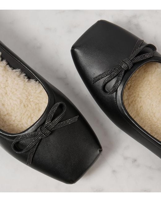 Brunello Cucinelli Black Monili Bow-Detail Leather Ballet Flats