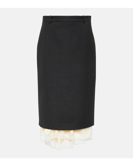 Balenciaga Black Lingerie Lace-trimmed Wool Pencil Skirt