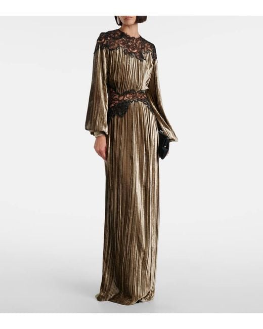 Costarellos Gray Senna Lace-Trimmed Plisse Velvet Gown