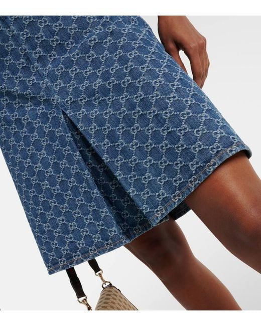 Gucci Blue GG Pleated Denim Jacquard Midi Skirt