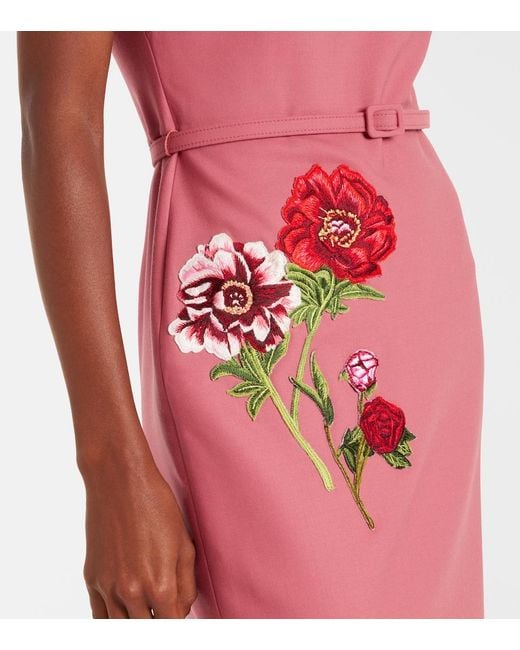 Oscar de la Renta Pink Floral-Applique Midi Dress