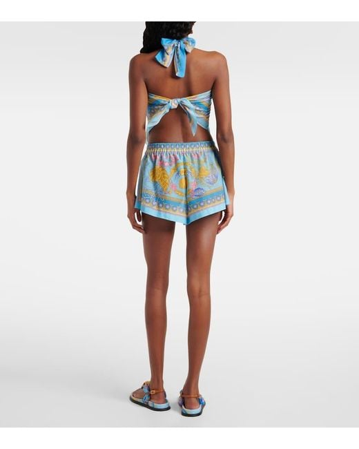 Top De Algodon Y Seda Estampado Con Cuello Halter Versace de color Blue
