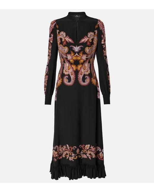 Etro Black Paisley Silk Midi Dress