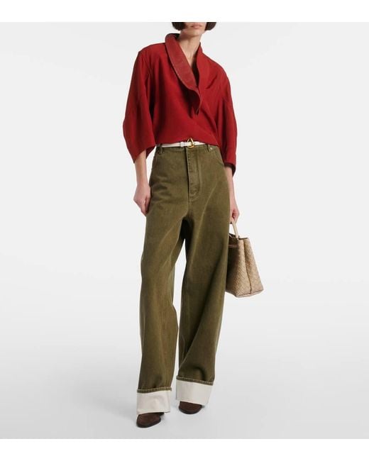 Bottega Veneta Red Oversized Leather-Trimmed Cotton-Blend Crepe Blouse