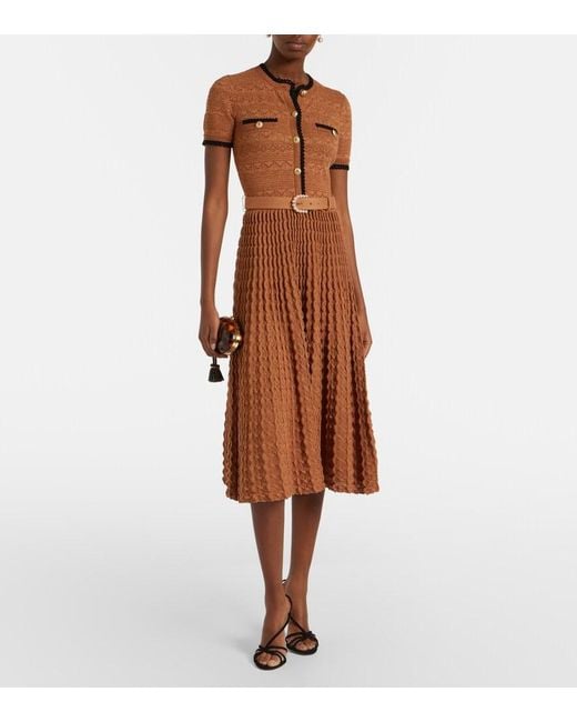 Self-Portrait Brown Belted Pointelle Cotton-Blend Midi Dress
