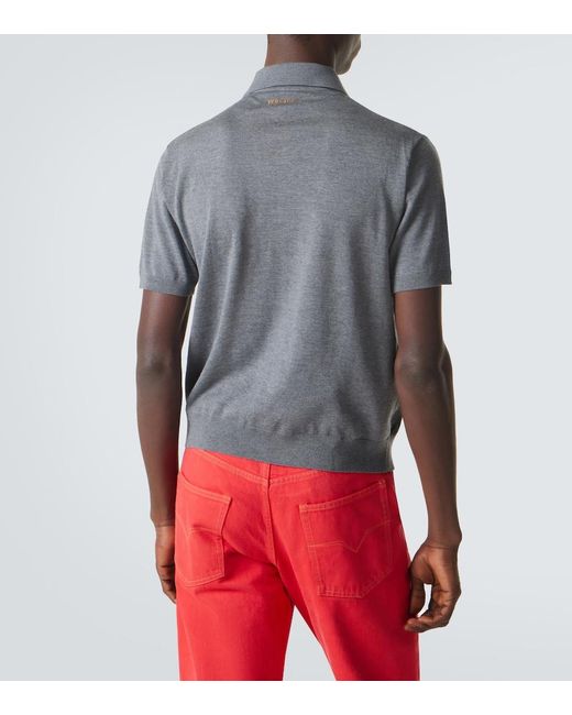 Versace Gray Intarsia Virgin Wool Polo Sweater for men
