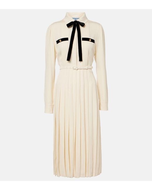Prada Natural Tie-Neck Pleated Belted Shirt Dress