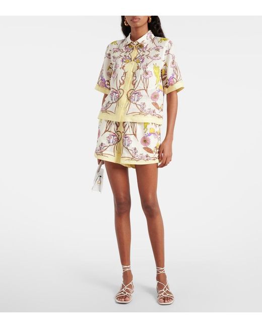 Tory Burch White Floral High-Rise Linen Shorts