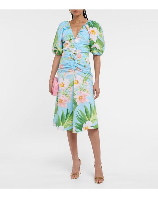 Carolina Herrera Blue Floral-print Belted Waist Dress