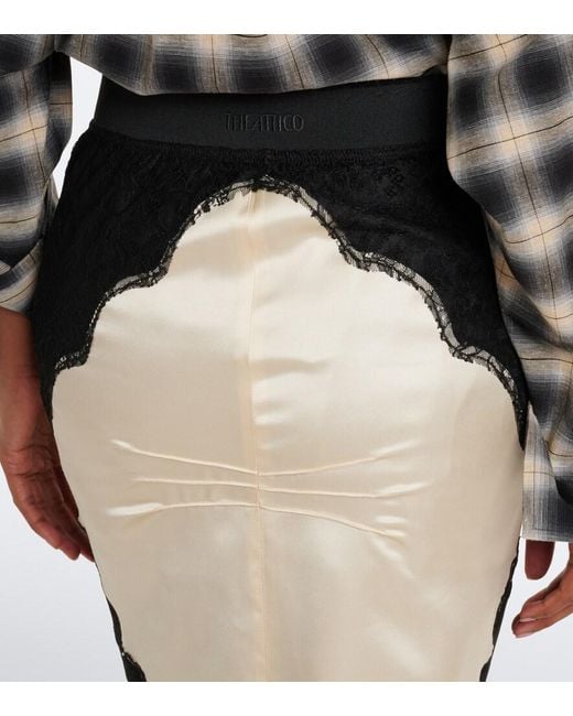 The Attico Black Lace-Trimmed Satin Midi Skirt