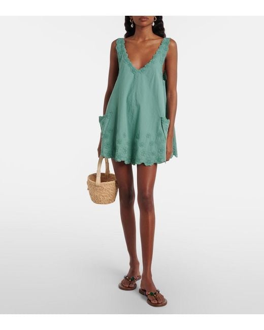 Juliet Dunn Green Embroidered Cotton Poplin Minidress
